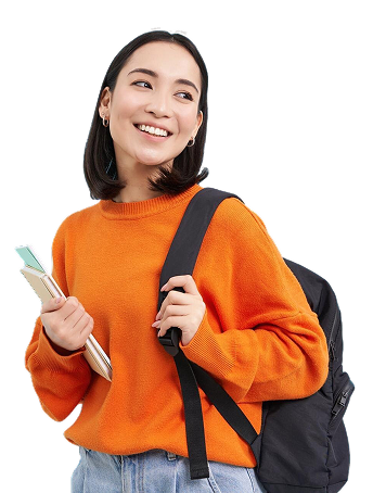JC economics student carrying a backpack and notebook