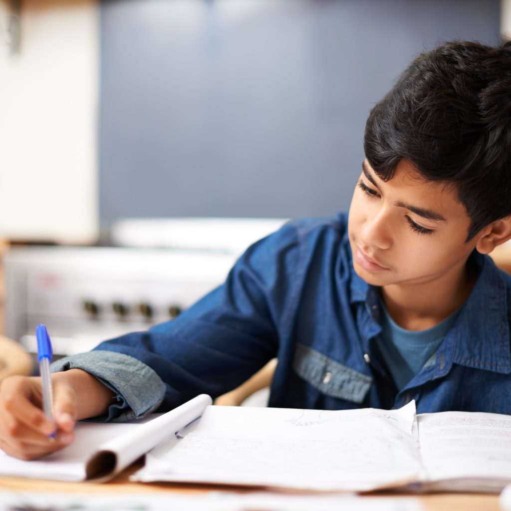 Student studying independently and taking notes during tuition for economics, strengthening concept understanding and exam preparation skills