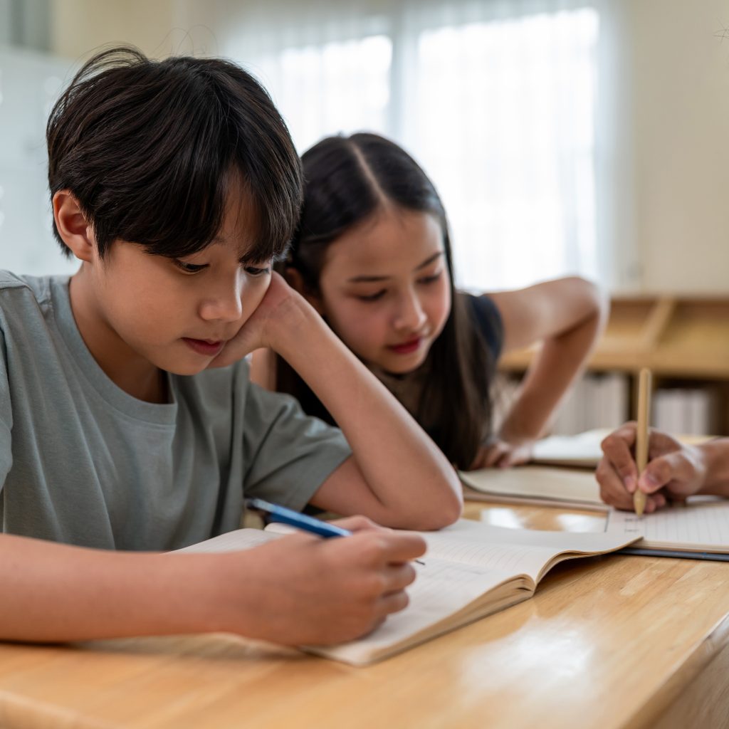 Students focusing on written exercises and guided learning during tuition for economics, strengthening understanding and study skills